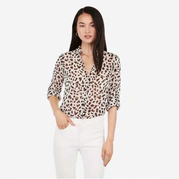 Express Tops - Express slim fit Portofino Shirt size small leopard ruffle chiffon white NWT